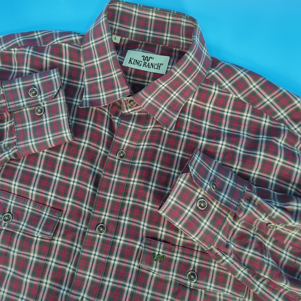 King Ranch Mens Large Red Green Plaid Cotton Button Down Long Sleeve Shirt